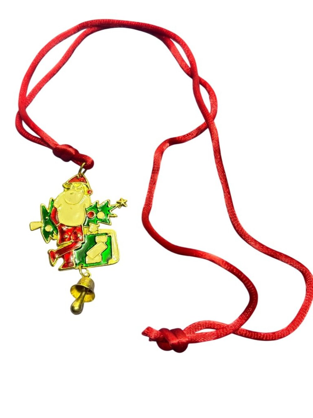 Vtg Enameled Traveling Santa Claus Pendant Necklace Red Cord 30 inches Pendant